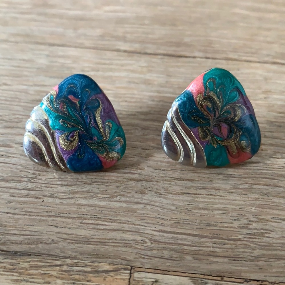 Vintage 1980s painted gold earrings